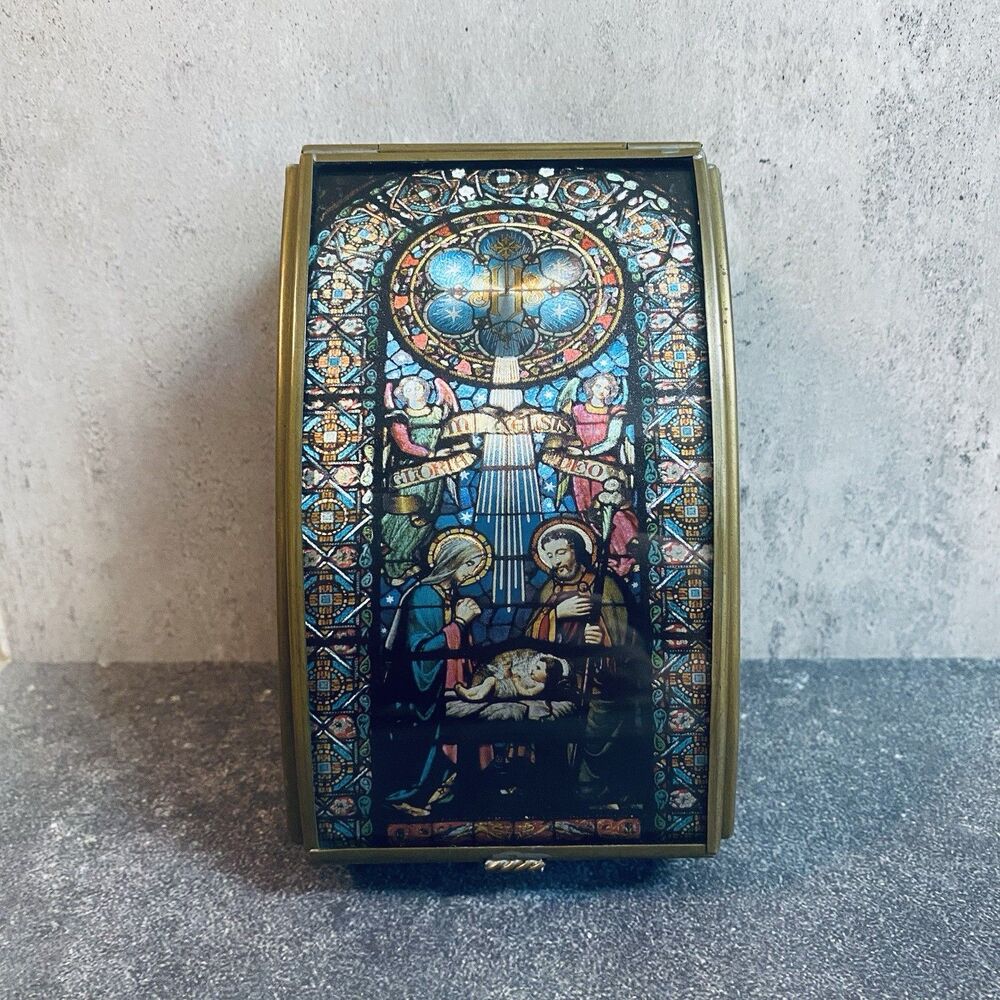 Vintage Brass and Glass Religious Holy Family Mirror Trinket Hinged Jewelry Box